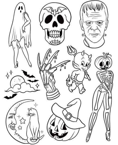 Tattoo Ideas Flash Art, Spooky Tattoos Flash, Spooky Tattoo Drawings, Halloween Tattoo Outline, Traditional Spooky Tattoo Flash, Emo Flash Tattoo, Halloween Flash Tattoo Sheet, Halloween Flash Tattoo Ideas, Flash Tattoo Designs For Women