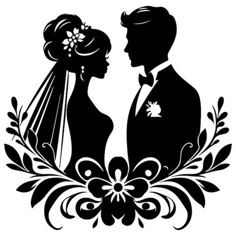 Bride And Groom Silhouette Svg Free, Classic Black And White Wedding, Lego Stickers, Icon Library, Bride Silhouette, Bride And Groom Silhouette, Wedding Vector Art, Groom And Bride, Wedding Card Frames