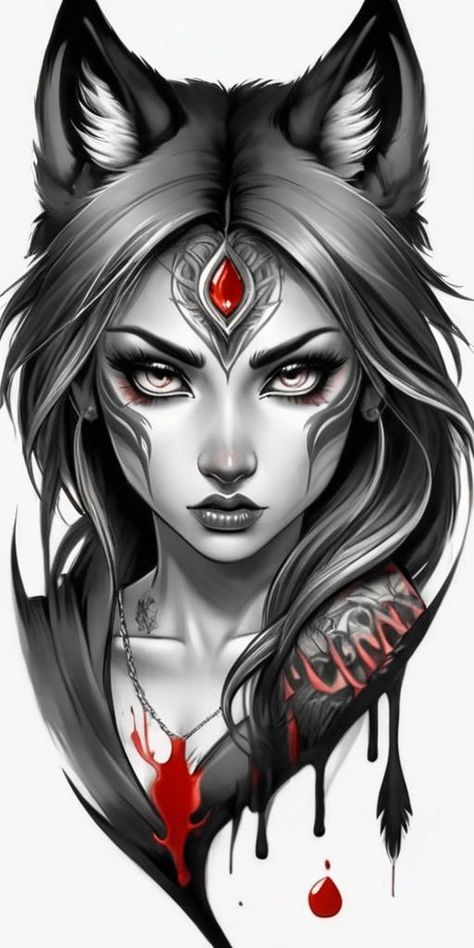 WOLF WARRIOR TATTOO DESIGN Wolf Warrior Tattoo, Warrior Tattoo Design, Skull Drawing Sketches, Werewolf Tattoo, Viking Warrior Woman, Female Warrior Tattoo, Female Werewolves, Wolf Warrior, Female Body Paintings