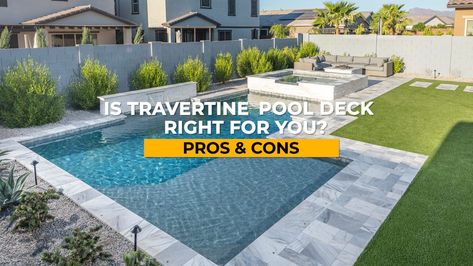 Are you thinking about a Travertine deck around your pool, but aren’t sure how it will look? Learn the pros and cons of using Travertine and see galleries of all the beautiful shade variations! Travertine Pool Deck, Cody Pools, Travertine Pool Decking, Travertine Deck, California Pools, Backyard Pool Design, Deck Renovation, Pool Decking, Arizona Backyard