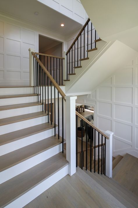 87_Welcoming and Functional Contemporary U-shaped Staircase, Arlington, VA 22207 - Transitional - Staircase - DC Metro - by Century Stair Company | Houzz Contemporary Staircase Design, Wall Detailing, Nevada House, U Shaped Staircase, Iron Stair Balusters, Railing Makeover, Stair Railing Makeover, Built In Bench Seating, Transitional Staircase