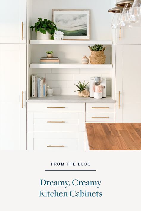 From classic to cozy, the cream-colored kitchen is making a comeback. 🍂 Discover why cream is stealing the spotlight in kitchen design and how you can make it yours. ✨ Shelving With Brackets, Painted Shelving, Modern White Couch, Coastal Farmhouse Dining Room, Coastal Farmhouse Living Room, Farmhouse Style Chairs, Farmhouse Color Scheme, Metal Storage Bins, Coastal Farmhouse Kitchen