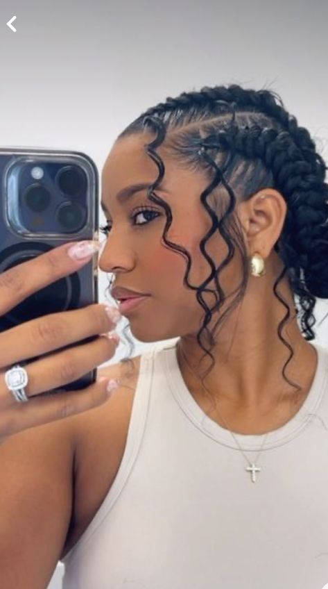 Dry Curls Hairstyles For Black Women, Two Braids Bun Hairstyle, Braid Front Hairstyles, Feedin Goddess Braids, Summer Cornrows For Black Women, Four Braids With Curls, Braided Bun Styles For Black Women, Goddess Cornrow Braids With Curls, Goddess Cornrows Buns