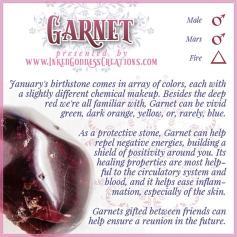 The most popular gem variety of Garnet, Almandine, gets its deep red color from iron and aluminum. The word "garnet" shares a common ancestor with the word "pomegranate," which has Garnet-like seeds. //  #garnet #gemstone #magick #crystal #protection #heart #blood #healing Healing Crystals Meanings, Crystal Seashells, Healing Crystals For You, Crystal Vibes, Earth Gift, Magical Stones, Zodiac Stones, Gemstone Properties, Crystals Healing Properties