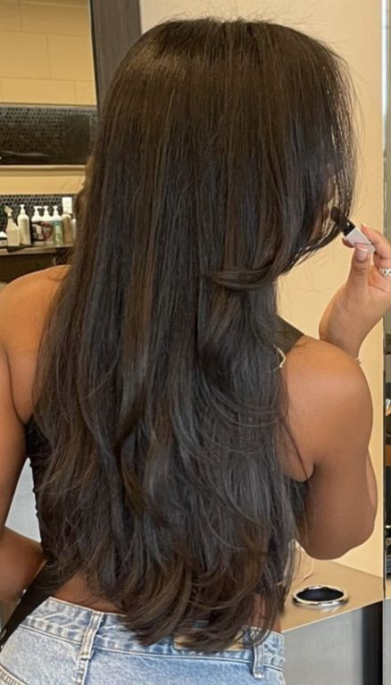 Brunette Haircut Ideas Straight, Long Layered Haircuts From The Back, Long Dark Hair With Layers Straight, Layers For Long Hair Back View, Layer Asian Hair, Mixed Layers Haircut, Dramatic Long Layers, Brunette Haircuts Long, Flowy Haircuts Women