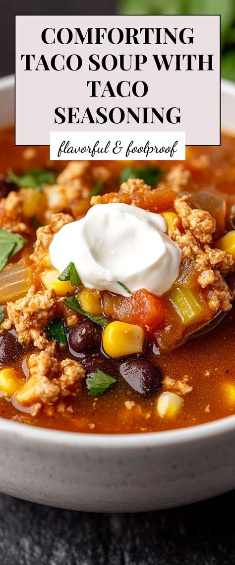 Image for Comforting Taco Soup with Taco Seasoning Fiesta Taco Soup, Taco Soup With Taco Seasoning, Taco Soup With Chicken, Healthy Taco Soup, Taco Soup Recipe Crockpot, Shredded Beef Tacos, Healthy Taco, Easy Taco Soup, Potato Tacos