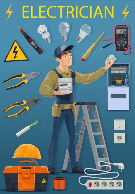 Profession of electrician, electricity tools, lamp Electrical Work Images, Electrical Engineering Poster, Electrical Background Design, Electricity Poster, Engineer Cartoon, Electric Installation, Electrician Work, Best Cartoon Shows, Electrical Engineering Projects