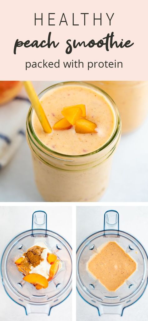 Summer Protein Smoothie, Healthy Peach Smoothie, Protien Smoothies Recipes, Peach Smoothie Recipes, Green Breakfast Smoothie, Green Breakfast, Peach Smoothie, Protein Shake Smoothie, Protein Smoothie Recipes