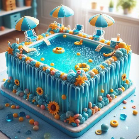 Swim Theme Cake, Pool Theme Birthday Cake, Water Park Cake, End Of Summer Cake Ideas, Water Party Cake, Summer Cake Ideas Birthday, Waterpark Cake, Pool Cake For Kids, Swimming Cake Ideas