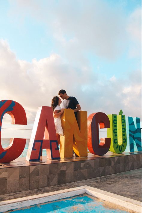 couple standing with the cancun sign in mexico Downtown Cancun, Mexico Bucket List, Ocean Spa, Cancun Photos, Cancun Resort, Cancun Tulum, Explore Mexico, Beach Shoot, Cancun Mexico