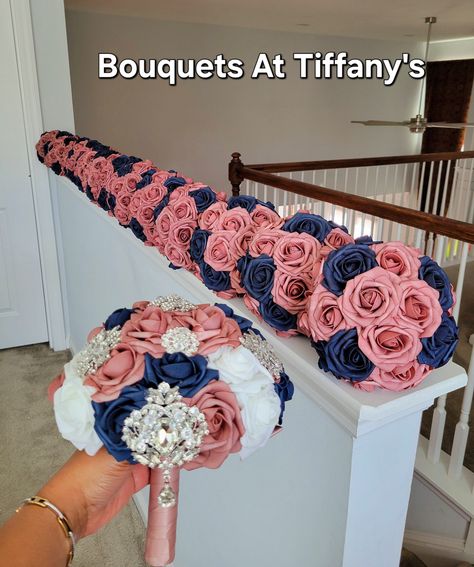 This pretty combination of dusty rose, Navy Blue, and white is perfect for the dusty rose lovers! The bride 12" Bouquet is customized with dusty rose, white, and Navy blue real touch flowers with large silver brooches and wrapped with dusty rose ribbon.  The bridesmaids 8" Bouquets are customized with Navy blue and dusty rose real touch flowers and wrapped with dusty rose ribbon. *If you have any questions about this listing please send a message before you place an order* Royal Blue And Dusty Pink Wedding, Navy Blue And Dark Pink Wedding, Dark Blue And Pink Wedding, Navy Blue And Rose Gold Wedding, Pink And Blue Wedding Decor, Pink And Blue Wedding Theme, Royal Wedding Colors, Blue And Rose Gold Wedding, Navy Blue And Pink Wedding