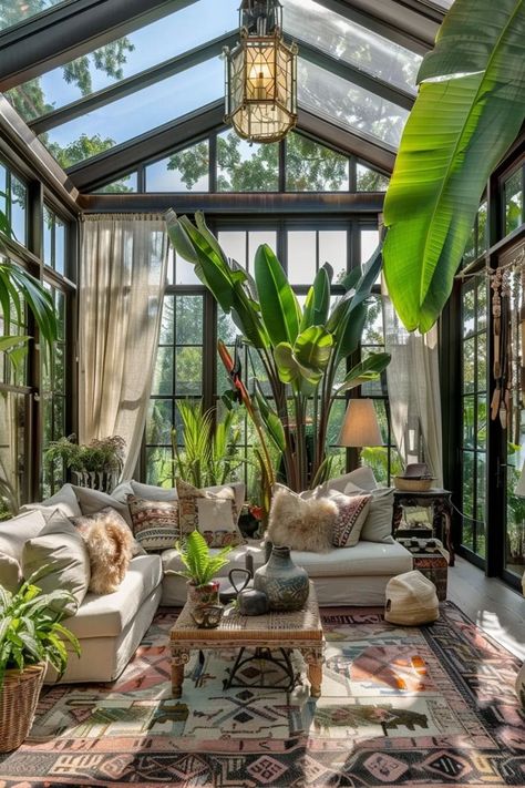 Funky Conservatory Ideas, Cabin Plants Decor, Small Narrow Sunroom Ideas, Conservatory With Plants, Sunroom Off Master Suite, Sunroom Decorating Ideas Vintage, Sunroom Porch Decorating Ideas, Boho Craft Room Ideas, Sunroom Decorating Ideas Bohemian