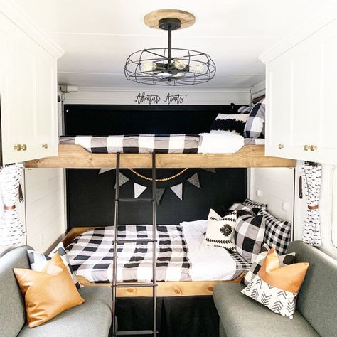 You’ll wanna go glamping in this Modern Farmhouse Style Toy Hauler! Featuring @FoxandTimber on MountainModernLife.com #rvrenovation #toyhauler #campermakeover #modernfarmhouse #modernfarmhousetyle #camperremodel #designvibes #happycamper #rvinteriordesign #tinyhometour #glamping Rv Interior Design, Glamper Camper, Camper Trailer Remodel, Diy Camper Remodel, Rv Renovations, Camper Makeover, Camper Living, Camper Renovation, Rv Decor