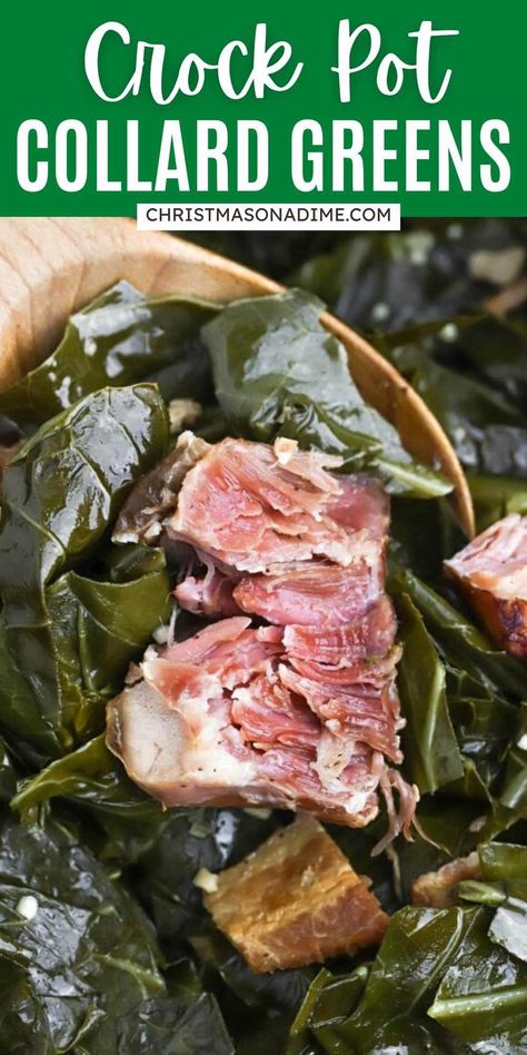 If you are looking for an easy homemade side dish this holiday season, make Crock Pot Collard Greens. Easy to make and loaded with smoky ham flavor. Combining the bacon, bacon grease and ham makes this recipe so delicious. The collard greens cook soft and tender with so much flavor. #christmasonadime #crockpotcollardgreens #collardgreens #holidaysidedish Crock Pot Collard Greens, Crockpot Collard Greens, Easy Collard Greens Recipe, Collard Greens Recipe, Easy Side Dish, Holiday Side Dishes, Bacon Grease, Collard Greens, Greens Recipe