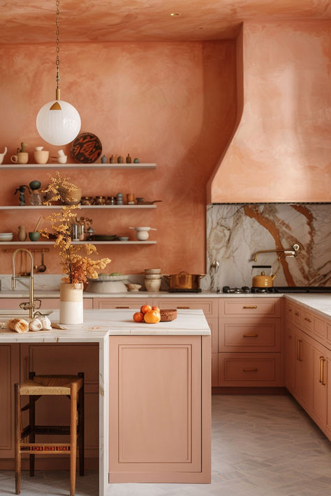 The Comforting Embrace of Peach Fuzz: Designing Kitchens with Pantone’s Color of the Year — Living Bright Interiors Eclectic Kitchen, Pink Kitchen, Peach Fuzz, Eclectic Interior, Kitchen Colors, Color Of The Year, Eclectic Decor, Wall Color, Interior Design Tips