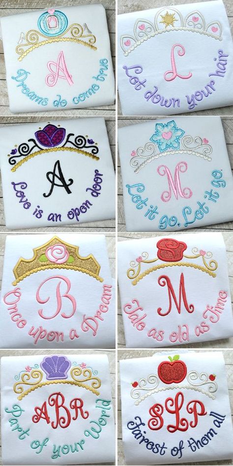 Disney Princess themed tiara appliques from Hooked On Applique Disney Applique, Disney Trip Shirts, Disney Embroidery, Princess Tiara, Silhouette Cameo Projects, Disney World Trip, Disney Diy, Disney Crafts, Girls Boutique