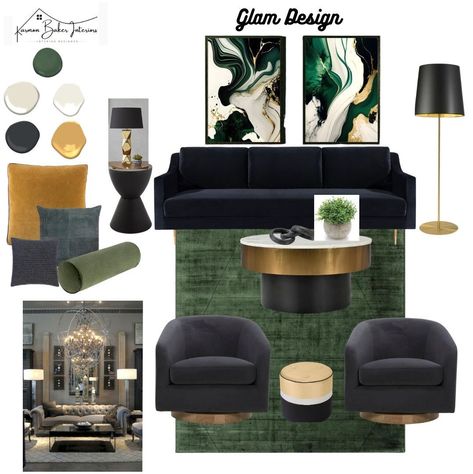 Average Cost of the items listed is approximately $4,700.  The glam design mood board exudes opulence and sophistication, combining luxurious elements with a modern twist. A dazzling array of metallics takes center stage, with gold, black, and green accents adding a touch of glamour. Rich velvets and sumptuous silk fabrics create a sense of extravagance and comfort.  The color palette is a harmonious blend of jewel tones and soft neutrals, elevating the ambiance. Bold patterns and geometric shap Black And Gold Living Room, Black Living Room Decor, Glam Design, Design Mood Board, Art Deco Living Room, Black And White Living Room, Gold Living Room, Glam Living Room, Design Moodboard