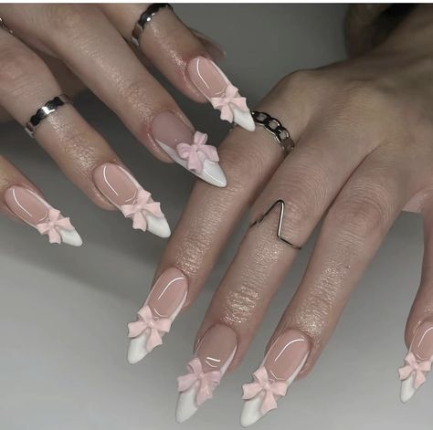 Nails Pink Acrylic, Nails Medium Almond, Bow Nail Designs, Fake Nails White, French Tip Nail Art, Bow Nails, French Tip Press On Nails, Press On Nails Medium, Romantic Nails