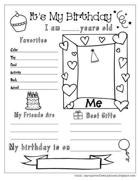 Birthday Worksheet, Grammar Activities Worksheets, My Cup Overflows, All About Me Project, Coloring Birthday Cards, New Coloring Pages, Preschool Birthday, Holiday Homework, Holiday Worksheets