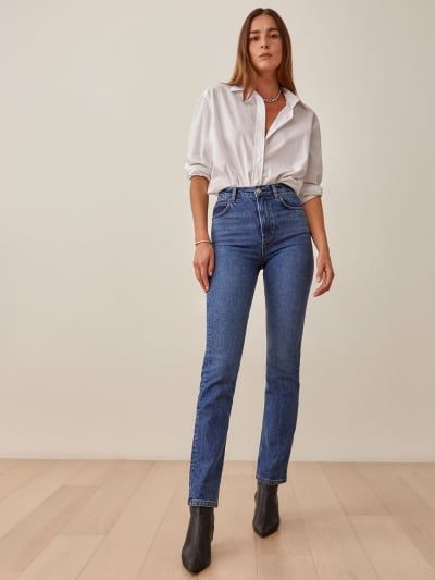 Check out the Liza Ultra High Rise Straight Jeans - Sustainable Denim from Reformation Ultra High Rise Jeans, Straight Fit Jeans Outfit Women, Slim Fit Jeans Outfit Women, High Rise Straight Jeans Outfit, Slim Straight Jeans Outfit, Slim Fit Jeans Outfit, Mid Rise Jeans Outfit, Slim Jeans Outfit, High Rise Jeans Outfit