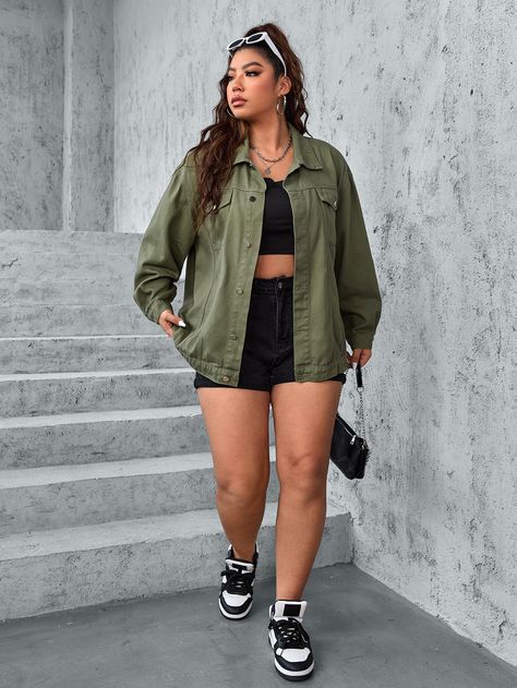 Green Casual Collar Long Sleeve Denim Plain Other Embellished Non-Stretch  Plus Size Denim Plus Size Outfits With Sneakers, Green Jacket Outfit, Plus Size Streetwear, Denim Jacket Outfit, Outfit Streetwear, Plus Size Denim, Jacket Denim, Jacket Outfit, Sneakers Outfit