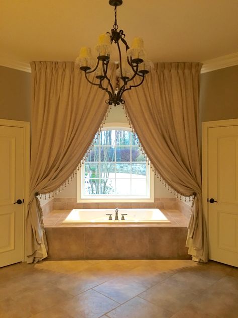 Drapes Around Bathtub, Curtains Over Garden Tub, Garden Tub Curtain Ideas, Curtains Bathroom Bathtub, Bath Tub Curtains Ideas, Bathtub With Curtains, Tub Shower Curtain Ideas, Bathtub Curtain Ideas, Curtain Bathtub