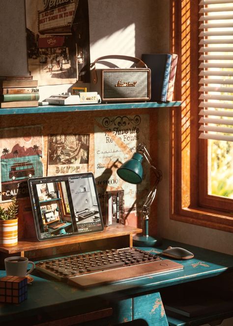 Vintage Technology Aesthetic, Retro Desk Setup, Vintage Desk Setup, Desk Retro, Cool Electronic Gadgets, Retro Desk, Cozy Home Office, Desktop Setup, Digital Marketing Design