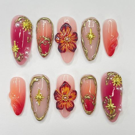 Etsy Nail Sets, 3d Autumn Nails, Nature Theme Nails, Almond Designs Nails, Square Nail Designs Trending Now, Maple Leaf Nails, Nail For Birthday, Fall Flower Nails, Etsy Nails