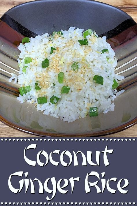 Creamy, delectable coconut ginger rice is a great side dish for all types of Asian Food & compliments any steak, pork, lamb or chicken dish. A vegetarian option is to turn this into a light meal for 3 people by adding 3 cups of roasted, steamed or grilled vegetables. --------- #CoconutGingerRice #JasmineRice #RiceRecipes #Rice #AsianFood #AsianRecipes #VegetarianRecipes #VeganRecipes #HealthyRecipes #SideDishes #MeatlessMondays #Food #Cooking #Recipes #Recipe #FoodieHomeChef Coconut Ginger Rice, Ginger Rice Recipe, Ginger Rice, Delicious Rice, Thai Foods, Coconut Ginger, Savory Meals, Meatless Monday Recipes, Rice Side Dishes