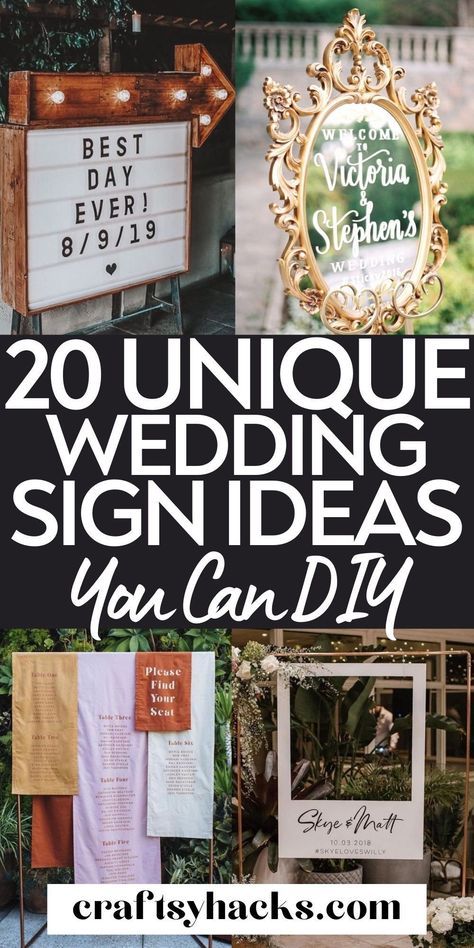 If you want to have beautiful and personal wedding signs at your dream wedding you will love these creative DIY wedding sign ideas. These brilliant DIY wedding decor ideas will give you inspiration for your own wedding decorations. #Wedding #DIY Diy Ideas For Wedding Decor, 2023 Wedding Signs, Diy Signs Wedding, Wood Wedding Ideas Decor, Wedding Reception Signs Diy, Must Have Signs For Wedding, Wedding Sign Boards Entrance, Wedding Welcome Boards Ideas, Wedding Shower Sign In Ideas