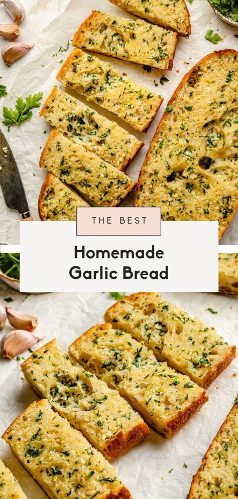 This is the BEST homemade garlic bread you'll ever make. It has fresh herbs, tons of flavorful roasted garlic, and is perfectly toasted. This easy garlic bread recipe is delicious served with your fav pasta dishes and is a guaranteed crowd-pleaser! Best Garlic Bread Recipe, The Best Garlic Bread, Easy Garlic Bread Recipe, Best Garlic Bread, Easy Garlic Bread, Homemade Garlic Bread Recipe, Homemade Garlic Bread, Ambitious Kitchen, Garlic Bread Recipe