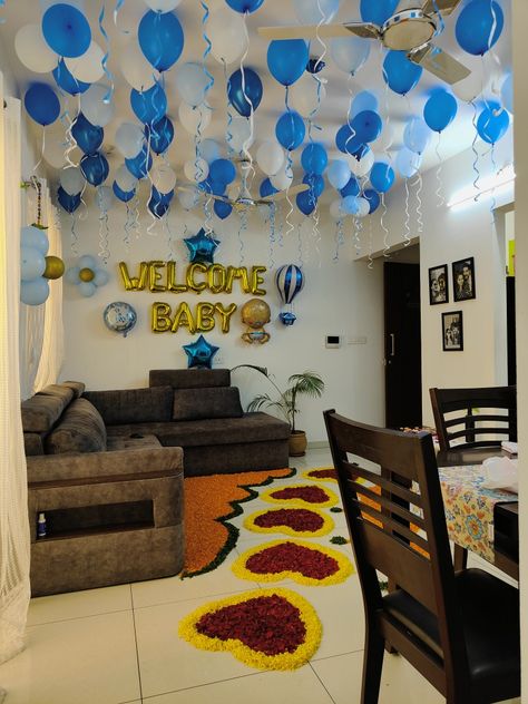 Contact for Booking:-8793526944/8149122803 (pune) Decoration For Baby Welcome, Baby Boy Welcome Decoration At Home, Baby Chathi Decoration, Newborn Baby Welcome Decoration, Chathi Decoration, Baby Welcome Decoration Home, Baby Welcome Decoration, Simple Balloon Decoration, Welcome Rangoli