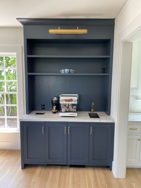 Coffee bar Painted Coffee Bar, Wet Coffee Bar, Sitting Room With Coffee Bar, Navy Blue Hutch Coffee Bar, Navy Blue Dry Bar, Navy Blue Cabinets Wet Bar, Navy Coffee Bar Hutch, Blue Wet Bar Cabinets, Ikea Coffee Bar