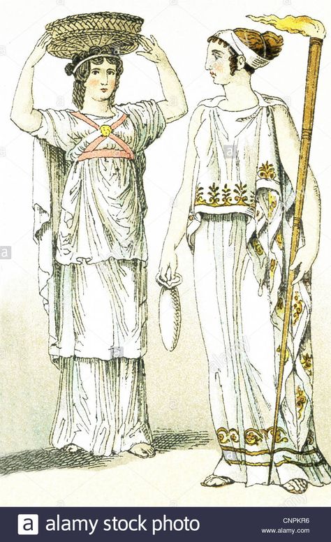 Download this stock image: The ancient Greeks represented here are a female basket-bearer at a sacrificial festival and a priestess of Ceres. - CNPKR6 from Alamy's library of millions of high resolution stock photos, illustrations and vectors. Ancient Greek Priestess, Greek Ancient Clothing, Ancient Greek Clothing Woman, Greek Priestess, Ancient Greek Fashion, Greek Inspired Dress, Greek Clothes, Ancient Greek Dress, Ancient Greece Fashion