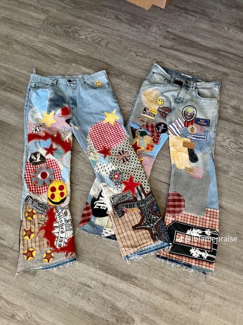 Patchwork Pants Men, Gris Aesthetic, Retro Patchwork Jeans For Streetwear, Patchwork Jeans Diy, Pant Patches, Customised Jeans, Retro Patchwork Denim Pants, Streetwear Recycled Denim Bottoms With Patches, Denim Patchwork Pants For Streetwear