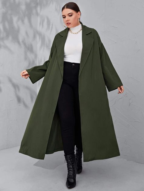 Plus Lapel Collar Drop Shoulder Belted Trench Coat | SHEIN USA Green Coat Outfit, Dark Green Coat, Long Green Coat, Long Coat Outfit, Winter Coat Outfits, Green Trench Coat, Winter Plus Size, Stylish Winter Outfits, Belted Trench Coat