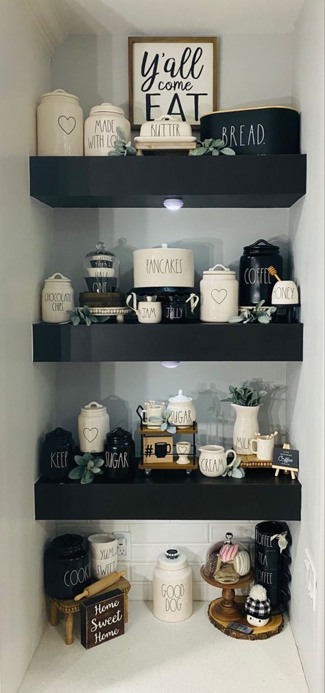 Rae Dunn Shelf Display, Rae Dunn Home Decor, Rae Dunn Display Ideas, Rae Dunn Decorating Ideas, Rae Dunn Kitchen Decor, Breakfast Shelf, How To Decorate Kitchen Shelves, Kitchen Open Shelving Ideas, Farmhouse Kitchen Shelves