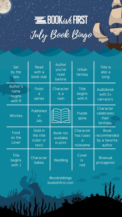 A bingo board with a blue background that looks like the ocean with images of sharks, ocean life, and a ship. The prompts are all bookish and related to reading challenges. Bookish Bingo, Book Bingo, Reading Bingo, Reading List Challenge, Tbr Pile, Book Reading Journal, Another Round, August 1st, Book Challenge