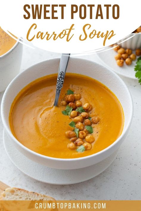 Sweet Potato And Carrot Soup, Potato And Carrot Soup, Potato Carrot Soup, Sweet Potato And Carrot, Sweet Potato Carrot Soup, Sweet Potato Carrot, Soup With Coconut Milk, Sweet Potato Soup Recipes, Potato Soup Easy