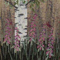 Silver Birch Tree with Foxgloves. Hand Embroidery Silver Birch Tree, Wild Flower Meadow, Picture Tree, Machine Embroidery Thread, Fabric Postcards, Embroidery Patterns Vintage, Silver Birch, Thread Painting, Birch Tree