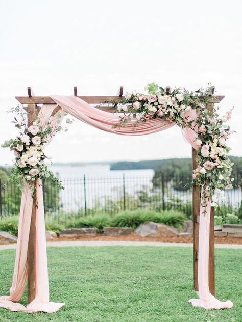 Blush Ceremony Arch, Wooden Floral Arch, Rectangle Wedding Arch Flowers, Blush And Sage Wedding Arch, Blush Arch Wedding, Blush Pink And Sage Green Wedding Arch, Floral Arbour Wedding, Wedding Arches Flowers, Asymmetric Wedding Arch