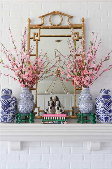 Accent Wall With Wallpaper, Chinoiserie Mantle, Wall With Wallpaper, Chinoiserie Interior, Spring Mantle Decor, Dimples And Tangles, Spring Mantle, Chinoiserie Decorating, Bright Decor