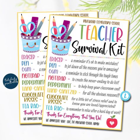 EDITABLE Teacher Survival Kit Printable, Back to School Teacher Gift, Pta, Back to School Teacher Appreciation, Thank You Gift Idea TEMPLATE #thriftyfrugalmom #teachergift #teacherappreciation #cheapgifts #teacher #create #students #gifts. Go for more info 👉https://whispers-in-the-wind.com/top-10-graduation-gift-ideas/?teacher238 Gifts For Special Education Teachers, Teacher Appreciation Survival Kit, Teacher Back To School Gifts, Teacher Emergency Kit, Testing Coordinator, Teacher Appreciation Gift Baskets, Welcome Back Teacher, Schul Survival Kits, Sentences Kindergarten