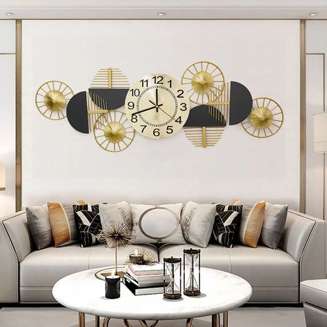 homary Large Metal Wall Clock, Wall Clock Luxury, Halloween Living Room, Living Room Wall Clock, Metal Art Decor, Oversized Wall Clock, Geometry Design, Wall Clock Design, Gold Luxury