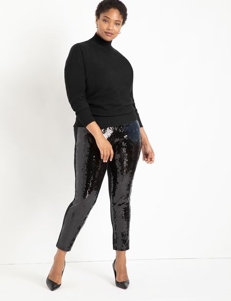 Miracle Flawless Legging with Sequin Front | Women's Plus Size Pants | ELOQUII Plus Size New Years, Plus Size New Years Eve Outfits, New Years Eve Outfits Plus Size, Plus Size Sequin Jumpsuit, Black Sequin Leggings, Sequin Pant, Sequin Leggings, Black Sequin Top, Black Faux Leather Leggings