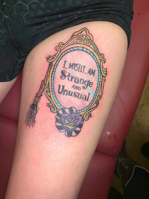 Beetlejuice Tattoo I Myself Am Strange And Unusual, I Myself Am Strange And Unusual Tattoo, Lydia Deetz Tattoo, Strange And Unusual Tattoo, Beetlejuice Tattoo Ideas, Halloween Sleeve, Beetlejuice Tattoo, Beetlejuice Lydia Deetz, Beatle Juice