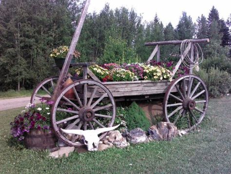 Does your yard need a major update? It's time to start making plans for getting the yard and outdoor areas looking good again.  Use old saddles, wa... Wagon Ideas, Garden Wagon, Wooden Wagon, Western Landscape, Garden Junk, Shop Layout, Garden Yard Ideas, Front Yard Garden, Farm Yard