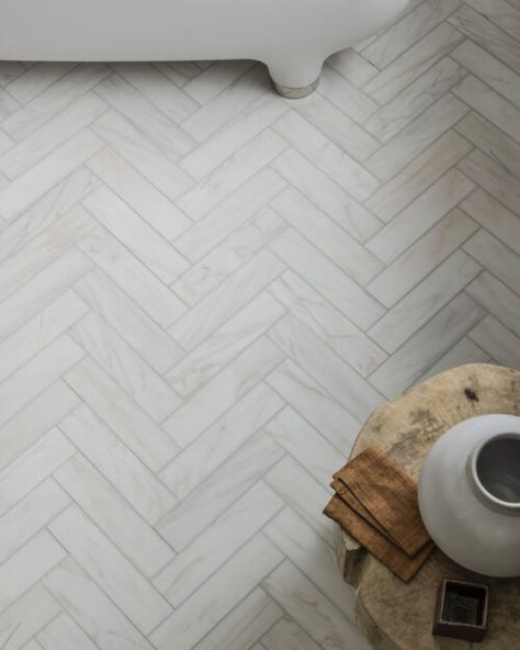 Chevron Tiles Floor, Brick Tiles Bathroom, White Marble Tile Bathroom, Herringbone Tile Floors, Marble Herringbone, Honed Marble Tiles, Marble Tile Bathroom, Mandarin Stone, Chevron Tile