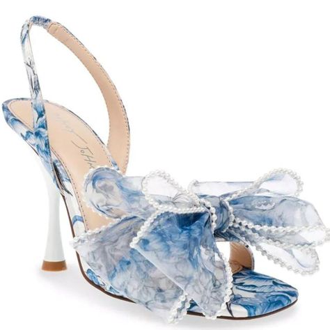 Experience Fun And Flirty Vibes With These Bow Heels. These Playful Kicks Add A Feminine Touch To Any Outfit, Featuring A Bow Adorned With Pearly Accents And A Light Mesh Material. Heel Height: 4"; Heel Type: Hourglass Heel Open Toe Sling Back Closure Lightly Padded Footbed Upper: Mesh; Lining: Synthetic; Trim: Satin Homecoming Heels, Blue By Betsey Johnson, Mesh Bows, Pearl Bow, Betsey Johnson Shoes, Bow Sandals, Bow Heels, Bow Dress, Blue Heels