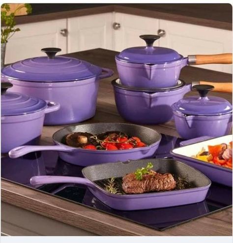 Purple Kitchen Appliances, Purple Appliances, Cast Iron Cookware Set, Purple Kitchen, Saucepans, Iron Cookware, Pots And Pans Sets, Cooking Set, Kitchen Utensil Set